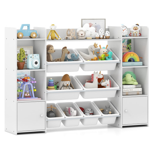 56 inch Large Toy Storage Organizer with 8 Removable Bins and Bookshelf-White