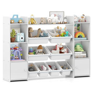 56 inch Large Toy Storage Organizer with 8 Removable Bins and Bookshelf-White