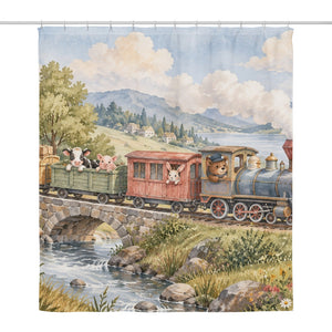 Countryside Train shower curtain, full front view of the 71 x 74 in fabric curtain