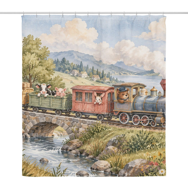 Countryside Train shower curtain, full front view of the 71 x 74 in fabric curtain