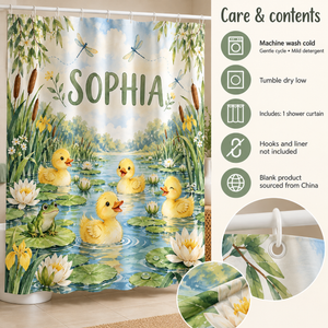 Care and contents of the Duck Pond personalized kids shower curtain