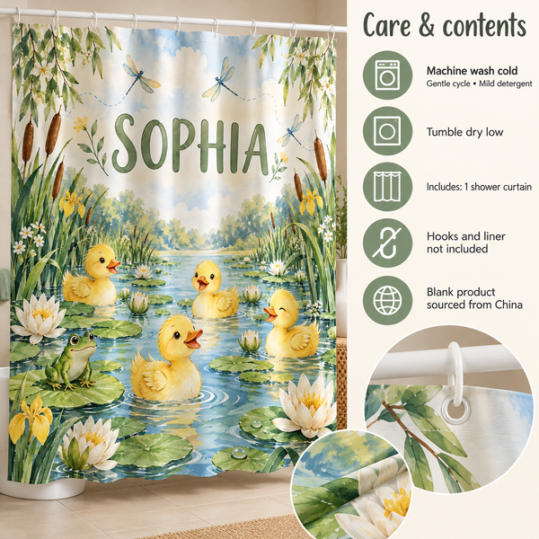 Care and contents of the Duck Pond personalized kids shower curtain