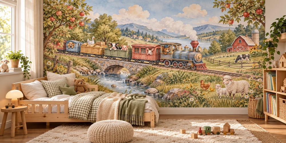 Watercolor Countryside Train Wall Mural, image 1