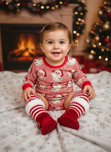 "Santa Stripe long sleeve Leo for babies - festive and cozy toy outfit for holiday fun."