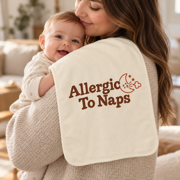 Allergic To Naps burp cloth in cream, styled photo 1