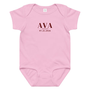 Embroidered baby name bodysuit, pink bodysuit with maroon thread