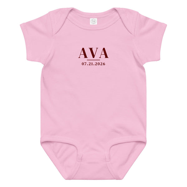 Embroidered baby name bodysuit, pink bodysuit with maroon thread
