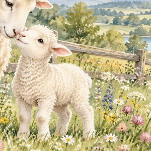 Lamb Meadow Farm shower curtain, close up of the watercolor artwork