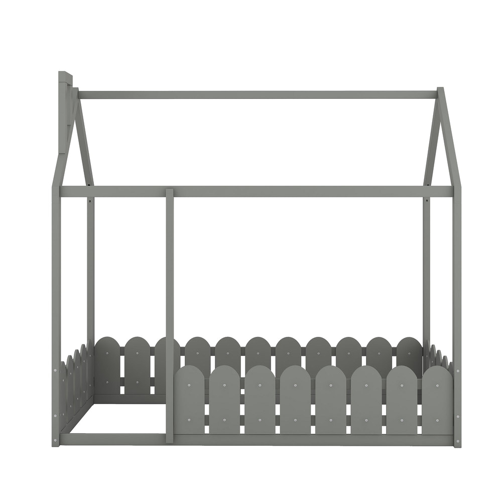 {Slats are not included}Twin Size Wood Bed House Bed Frame with Fence for Kids Teens Girls Boys {Gray}