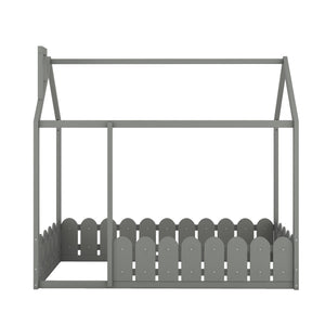 {Slats are not included}Twin Size Wood Bed House Bed Frame with Fence for Kids Teens Girls Boys {Gray}