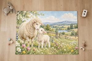 Top view of the Lamb Meadow Farm kids area rug on a wood floor