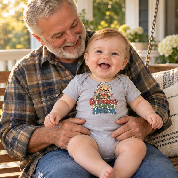 Grandpa holding baby in the Grandpa's Favorite Human baby bodysuit
