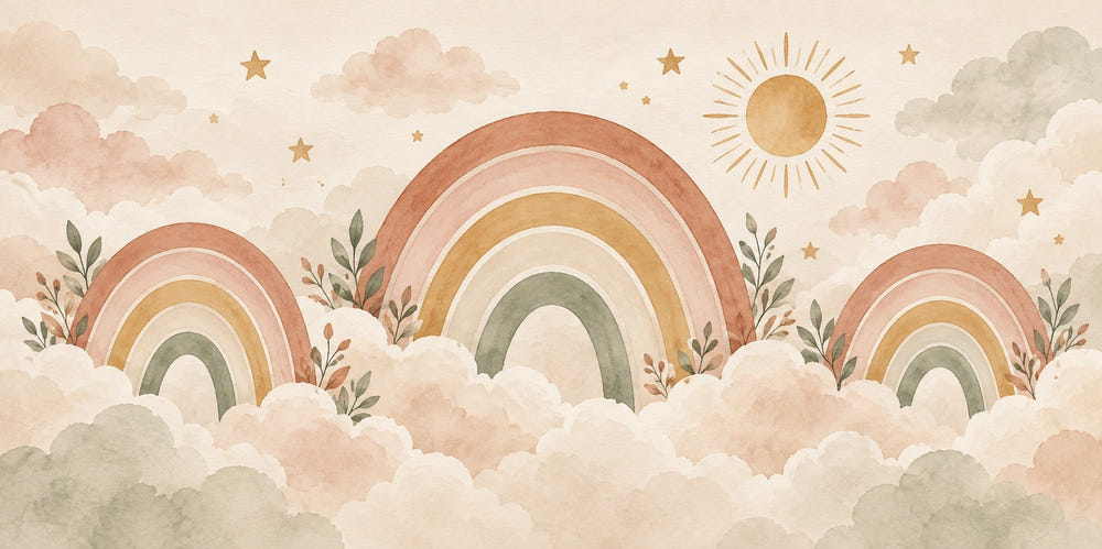 Watercolor Rainbows on Clouds Wall Mural, image 1