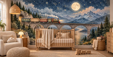 Watercolor Moonlit Train Wall Mural, image 1