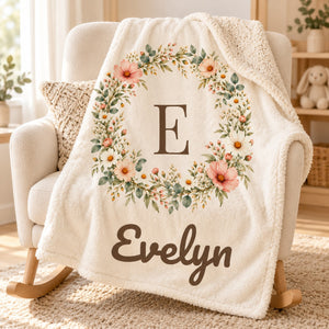 Floral Monogram sherpa baby blanket, personalized, styled photo 1
