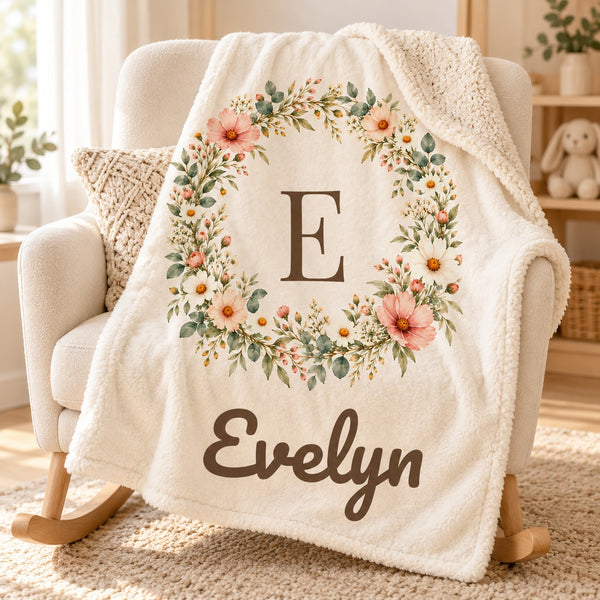 Floral Monogram sherpa baby blanket, personalized, styled photo 1