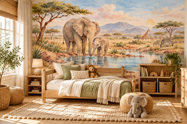 Watercolor Elephant Family Safari Wall Mural, image 2