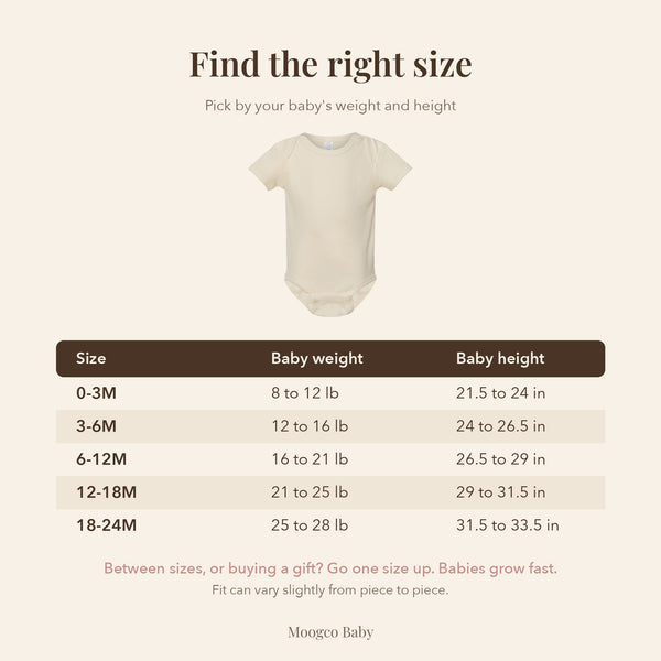 Baby bodysuit size guide