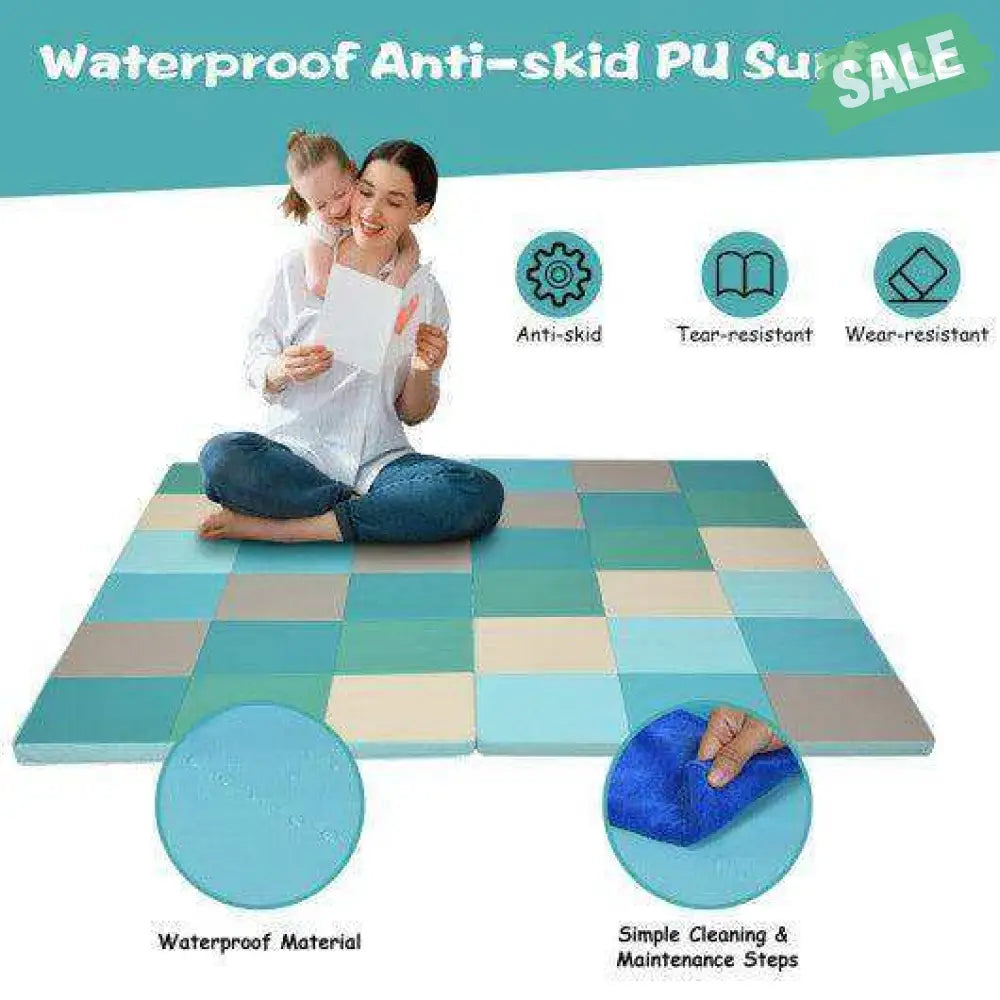 58 Inch Foam Play Mat Folding Activity Floor Mat Light Blue