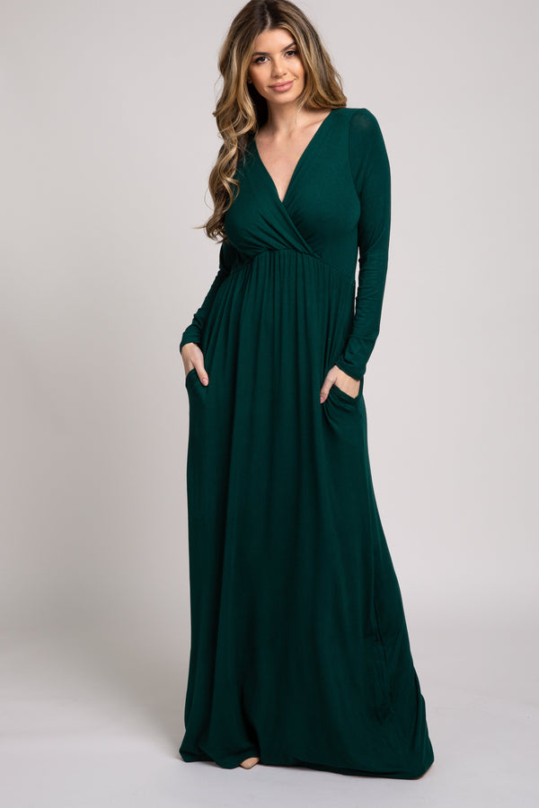 Green long sleeve maternity nursing maxi dress, perfect for comfort and style during pregnancy.