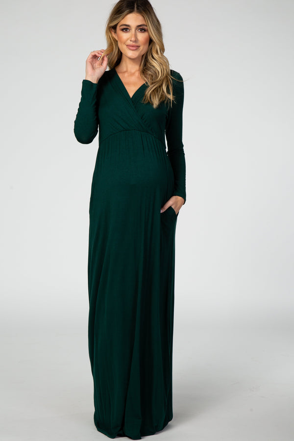 Green long sleeve maternity nursing maxi dress for comfortable and stylish wear during pregnancy and breastfeeding.
