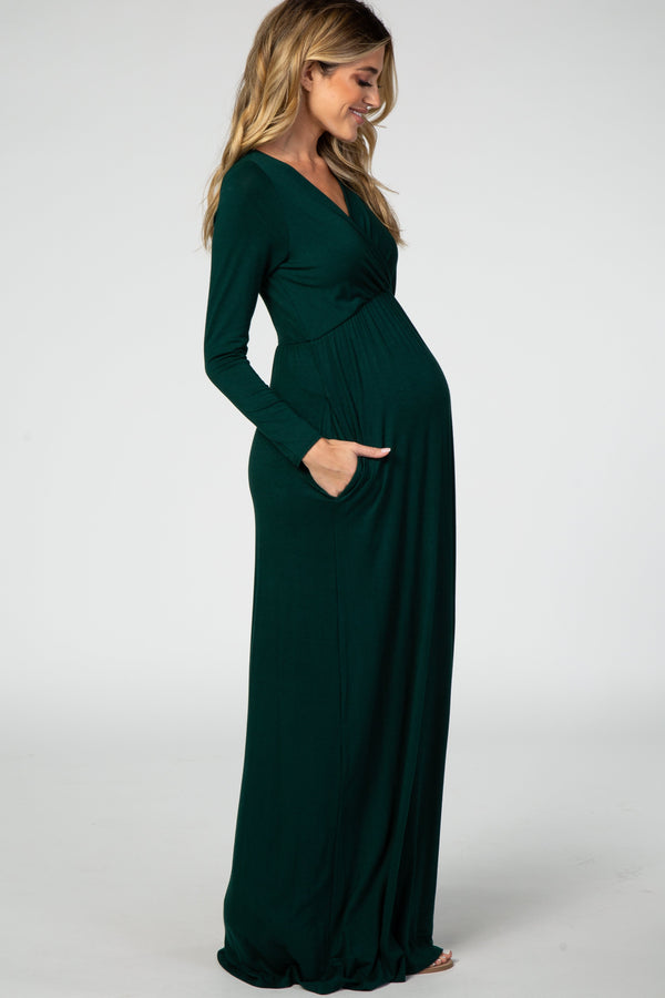 Green long sleeve maternity nursing maxi dress, stylish and comfortable for expecting mothers, shown from angle 2.