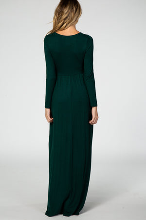 Green long sleeve maternity nursing maxi dress, stylish and comfortable for expecting mothers. Angle 3 view.