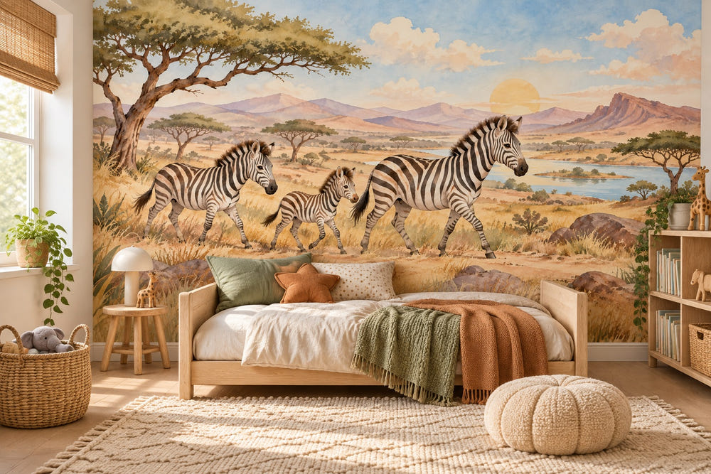 Watercolor Zebra Family Safari Wall Mural, image 1
