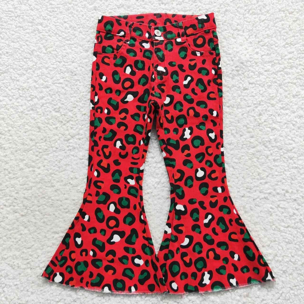 Red and green leopard bell jeans for babies, stylish and fun addition to toys and entertainment collection.