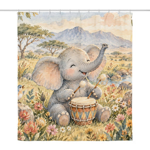 Elephant Drum shower curtain, full front view of the 71 x 74 in fabric curtain