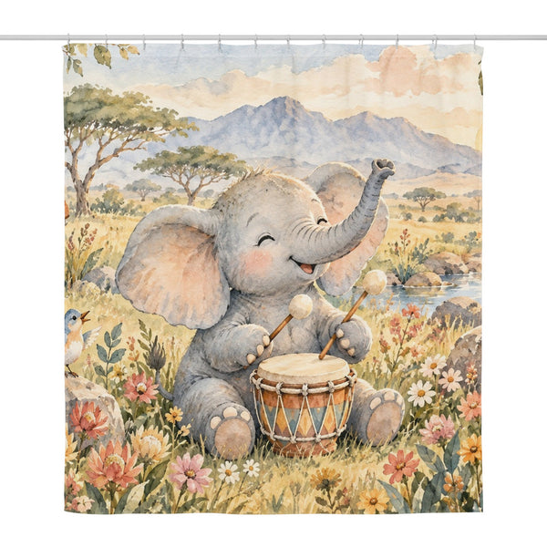 Elephant Drum shower curtain, full front view of the 71 x 74 in fabric curtain