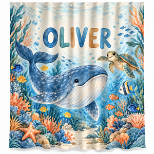 Personalized whale and sea turtle kids shower curtain with the name Oliver