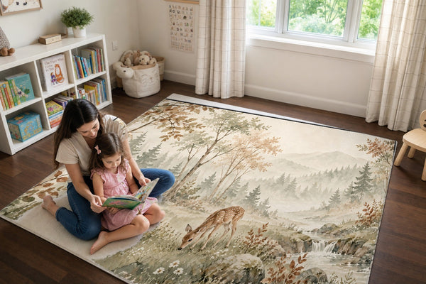 Mom and daughter reading a book on the Grazing Fawns play rug