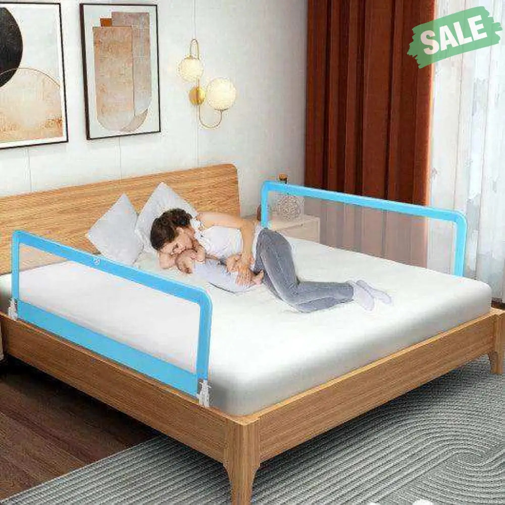 59 Inch Folding Breathable Baby Bed Rail Guard with Safety Strap-Blue Blue Bed Rails