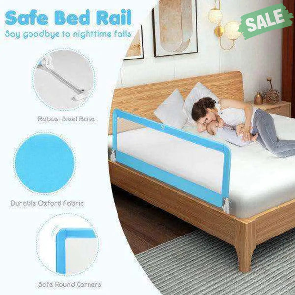 59 Inch Folding Breathable Baby Bed Rail Guard with Safety Strap-Blue Blue Bed Rails