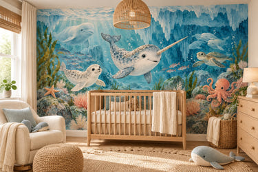 Watercolor Baby Narwhal Ocean Wall Mural, image 1