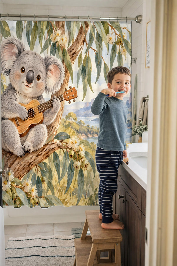 Child brushing teeth in a family bathroom with the Koala Ukulele shower curtain
