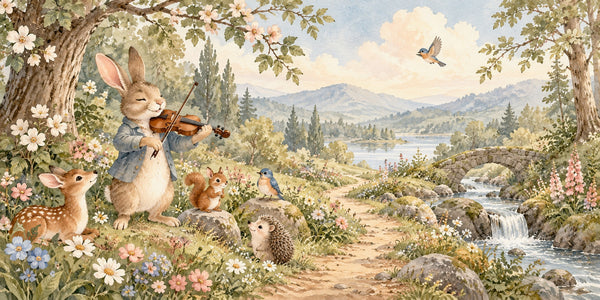 Watercolor Rabbit Violin Wall Mural, image 3