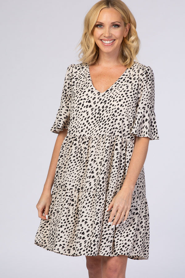 Beige animal print ruffle sleeve dress for babies, stylish and cute apparel for little ones.