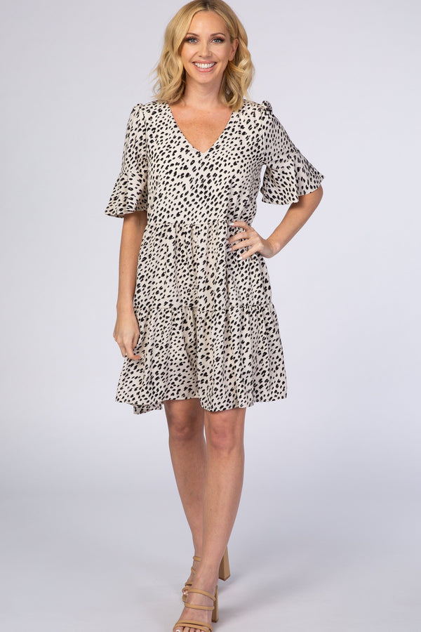 Beige animal print ruffle sleeve maternity dress, stylish and comfortable for expecting mothers.