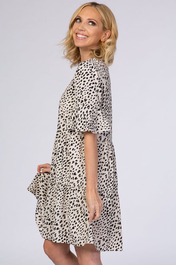 Beige animal print ruffle sleeve dress for babies, stylish and cute apparel for little ones.