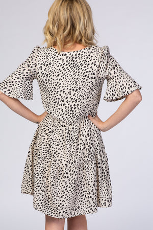 Beige Animal Print Ruffle Sleeve Dress