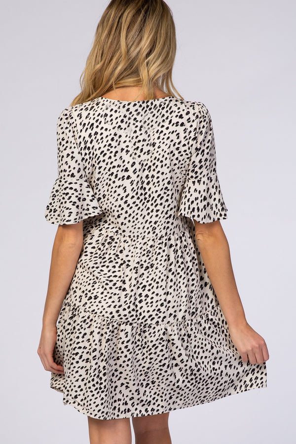 Beige animal print ruffle sleeve maternity dress, stylish and comfortable for expecting mothers. Angle 3 view.