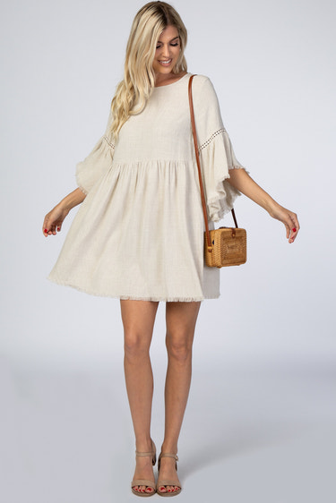 Beige Raw Edge Bell Sleeve Babydoll Dress