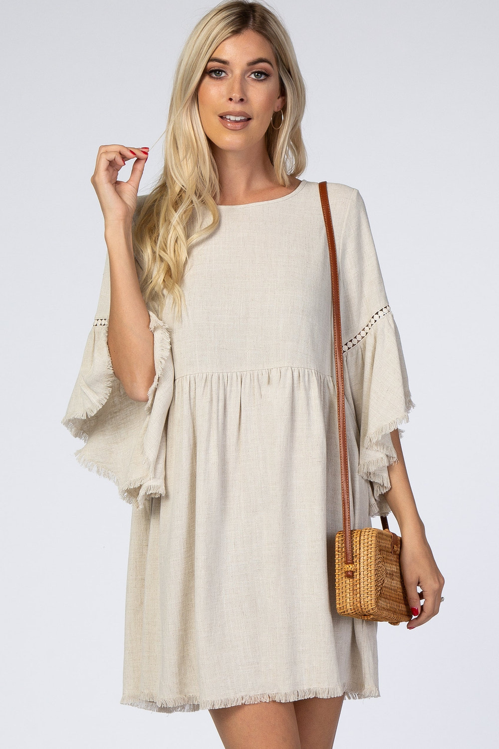 Beige Raw Edge Bell Sleeve Babydoll Dress