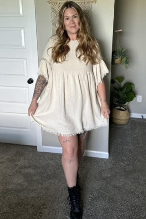 Beige Raw Edge Bell Sleeve Babydoll Dress