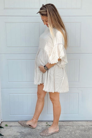 Beige Raw Edge Bell Sleeve Babydoll Maternity Dress