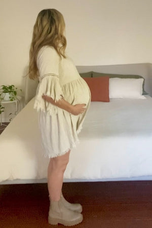 Beige Raw Edge Bell Sleeve Babydoll Maternity Dress