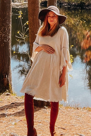 Beige Raw Edge Bell Sleeve Babydoll Maternity Dress