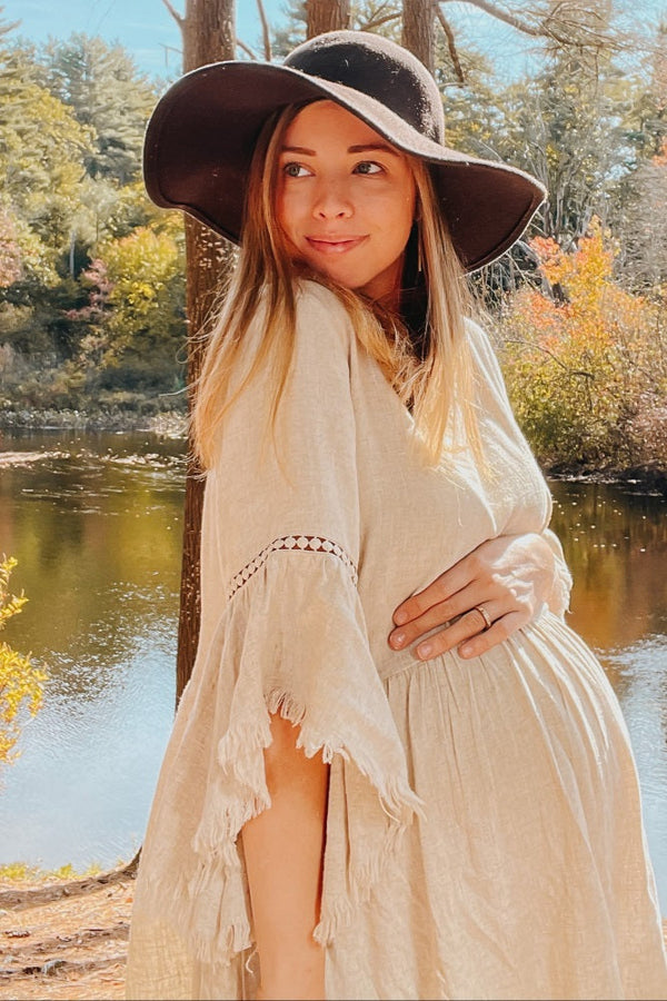 Beige Raw Edge Bell Sleeve Babydoll Maternity Dress